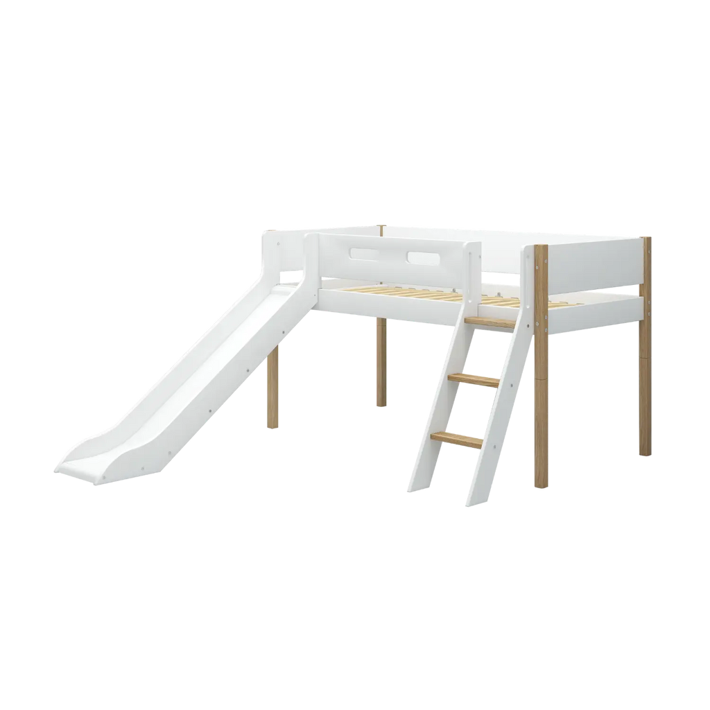 Lit surélevé 120 cm avec toboggan, échelle et barrière de sécurité, 90x200 cm, Blanc/Chêne