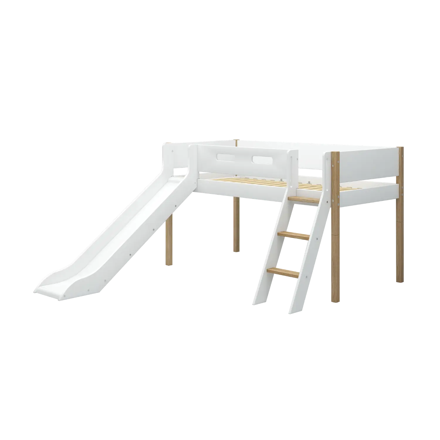 Lit surélevé 120 cm avec toboggan, échelle et barrière de sécurité, 90x200 cm, Blanc/Chêne