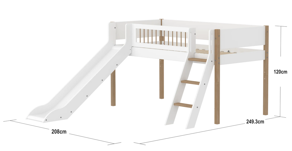 Lit surélevé 120 cm avec toboggan, échelle et barrière de sécurité, 90x200 cm, Blanc/Chêne