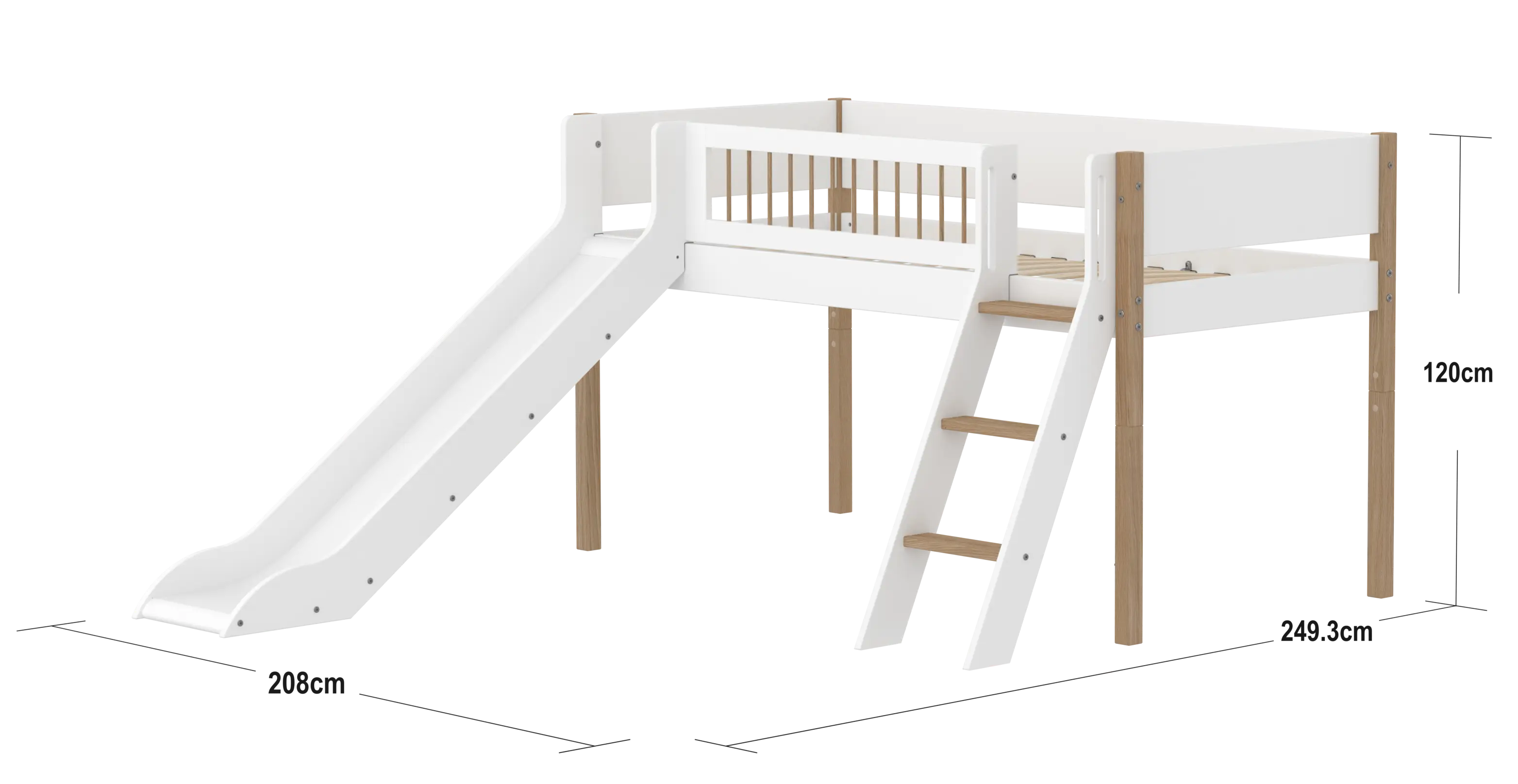 Lit surélevé 120 cm avec toboggan, échelle et barrière de sécurité, 90x200 cm, Blanc/Chêne
