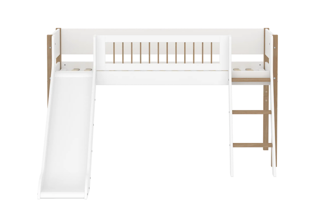 Lit surélevé 120 cm avec toboggan, échelle et barrière de sécurité, 90x200 cm, Blanc/Chêne