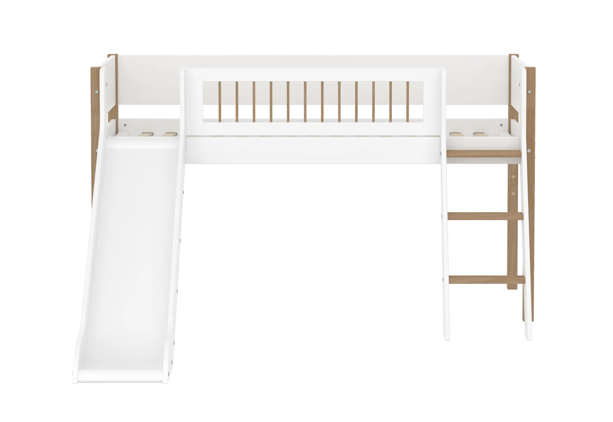 Lit surélevé 120 cm avec toboggan, échelle et barrière de sécurité, 90x200 cm, Blanc/Chêne