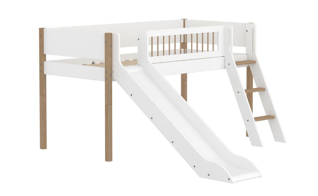 Lit surélevé 120 cm avec toboggan, échelle et barrière de sécurité, 90x200 cm, Blanc/Chêne