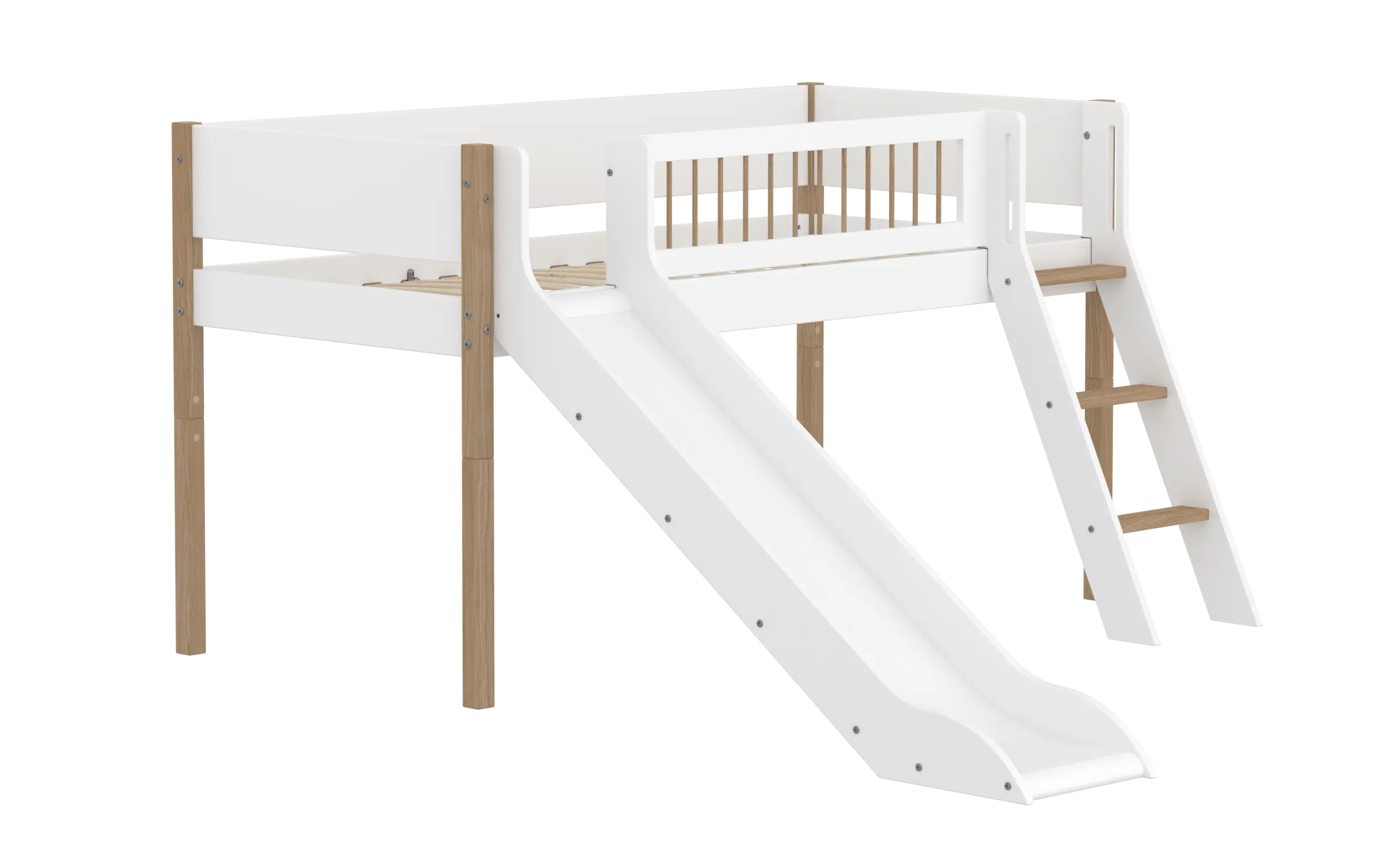 Lit surélevé 120 cm avec toboggan, échelle et barrière de sécurité, 90x200 cm, Blanc/Chêne