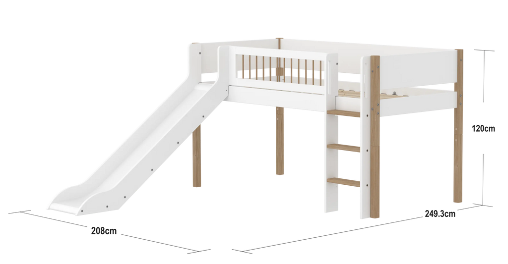 Lit mezzanine 120 cm avec toboggan, échelle et barrière de sécurité, 90x200 cm, Blanc/Chêne