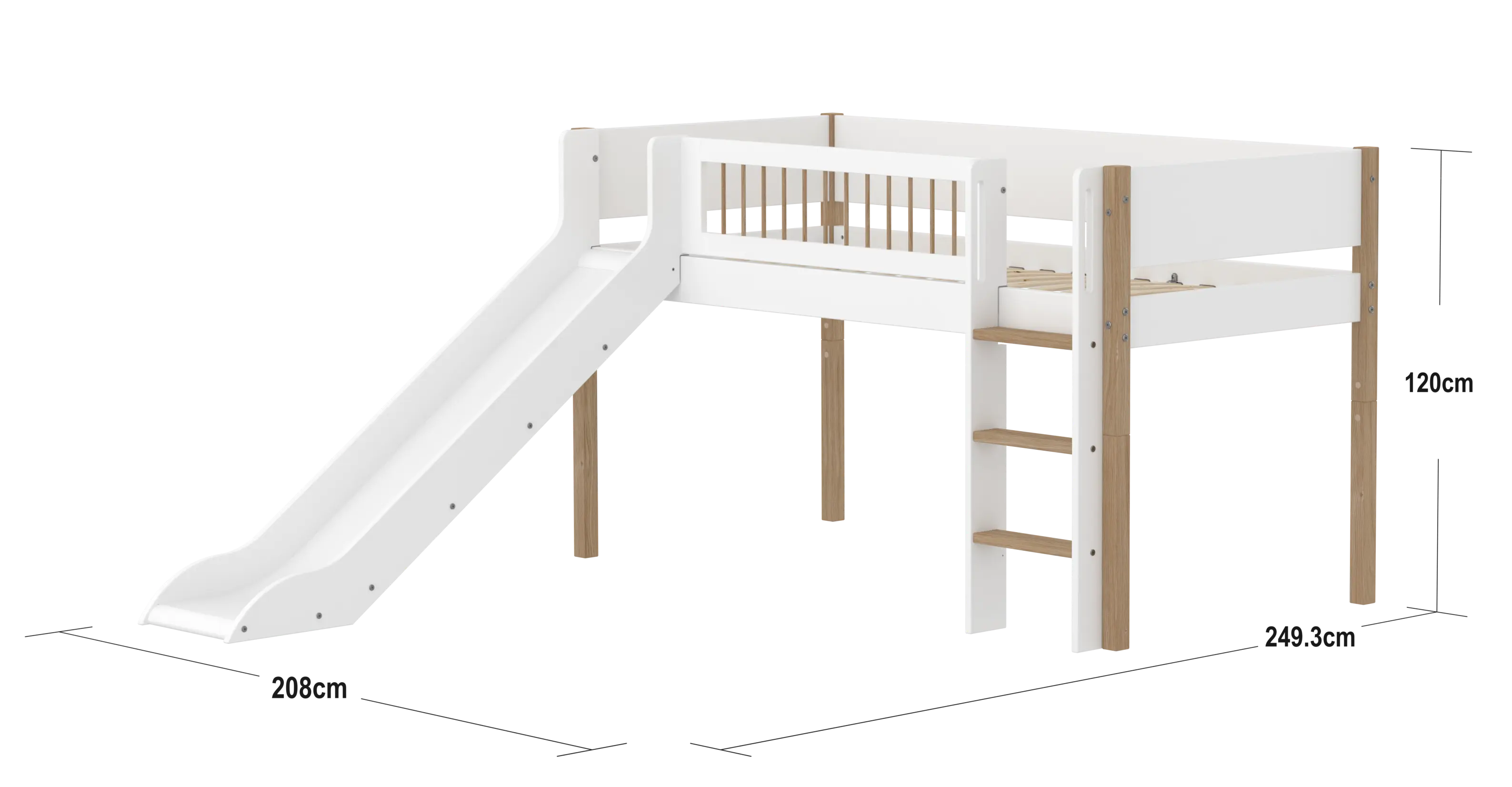 Lit mezzanine 120 cm avec toboggan, échelle et barrière de sécurité, 90x200 cm, Blanc/Chêne
