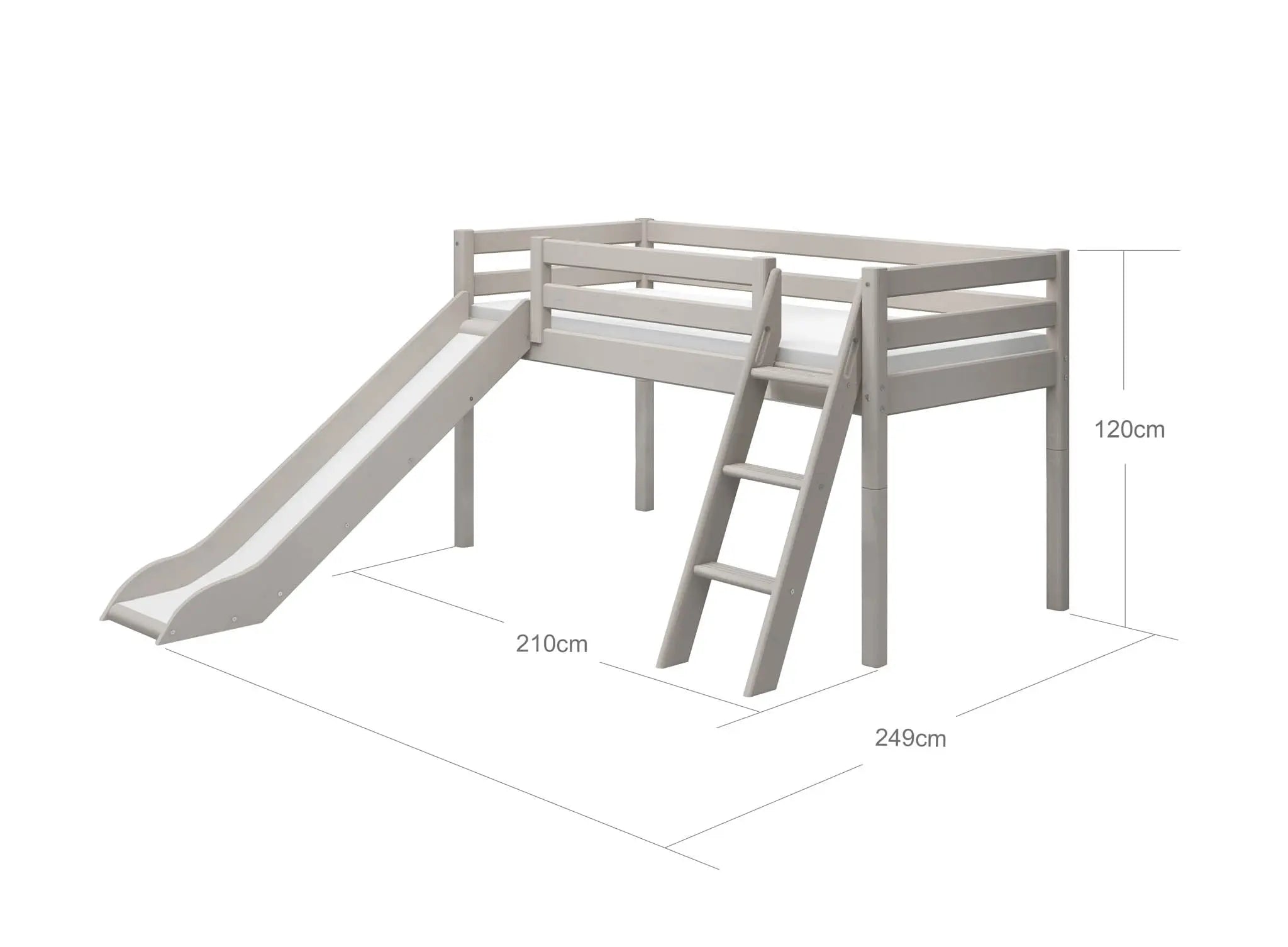 Lit superposé 120 cm avec toboggan et échelle, 90x200 cm, Gris