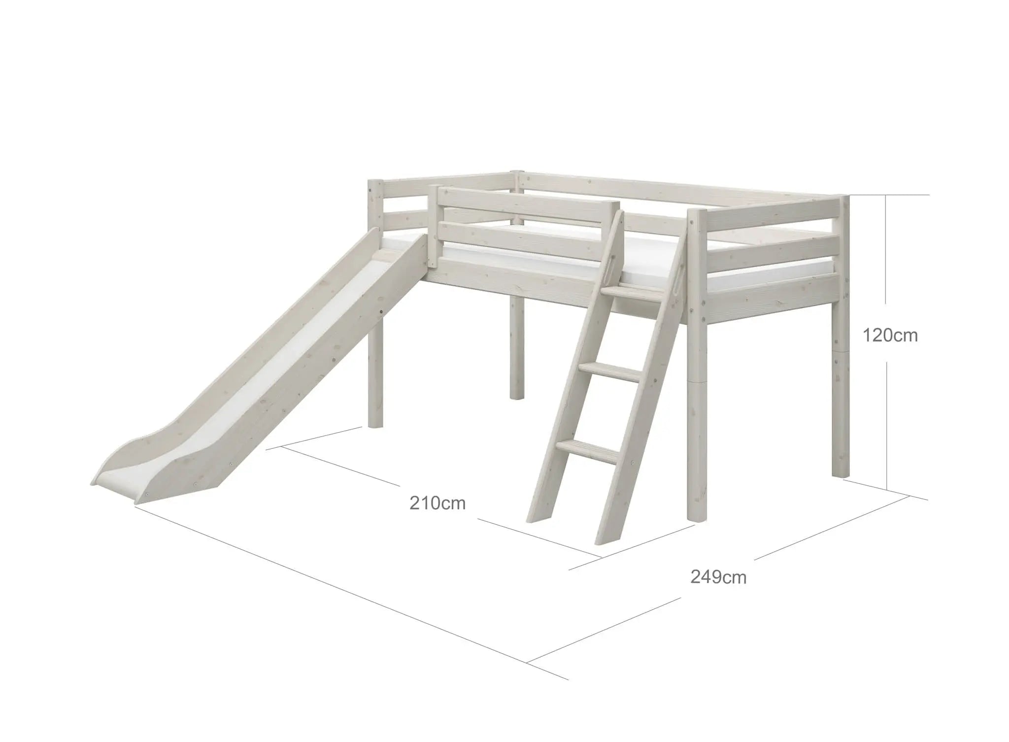 Lit surélevé 120 cm avec toboggan et échelle, 90x200 cm, Blanc