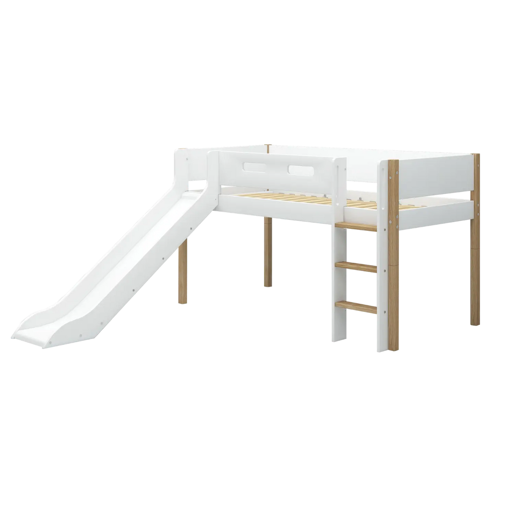 Lit Surélevé 120 cm avec Toboggan et Barrière de Sécurité, 90x200 cm, Blanc/Chêne