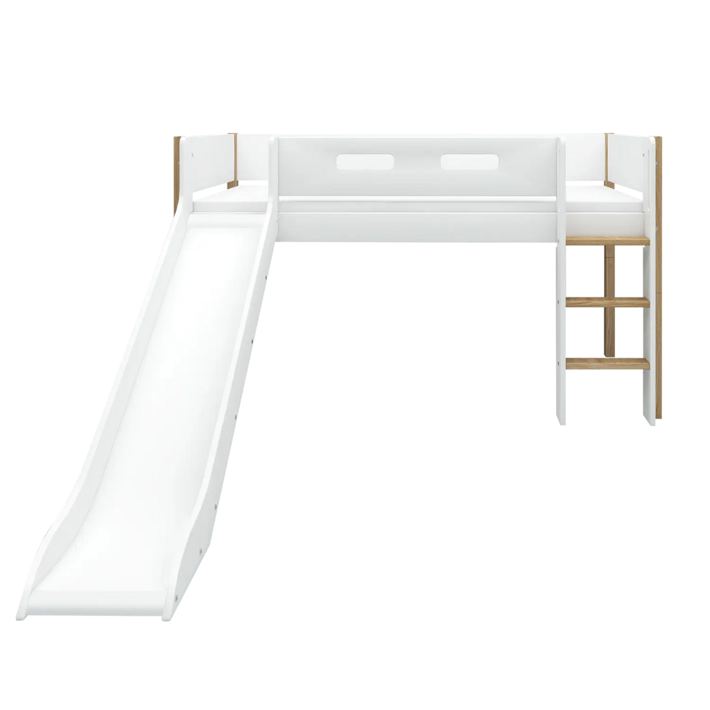 Lit Surélevé 120 cm avec Toboggan et Barrière de Sécurité, 90x200 cm, Blanc/Chêne