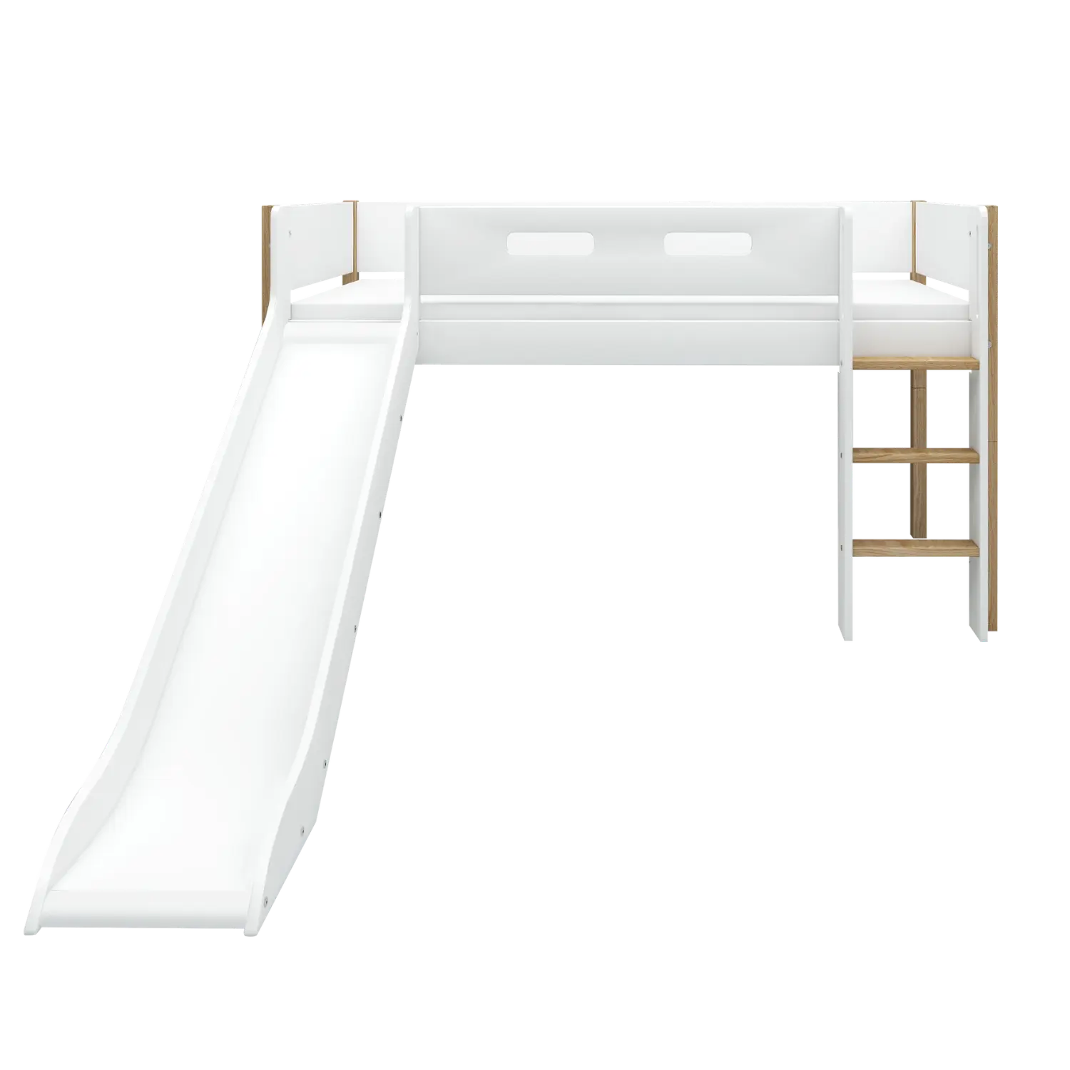 Lit Surélevé 120 cm avec Toboggan et Barrière de Sécurité, 90x200 cm, Blanc/Chêne