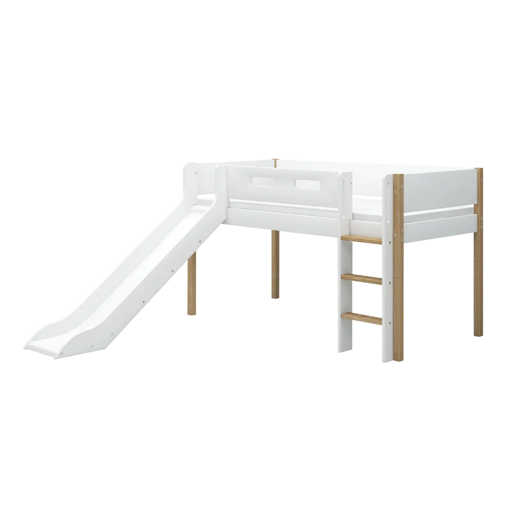 Lit Surélevé 120 cm avec Toboggan et Barrière de Sécurité, 90x200 cm, Blanc/Chêne