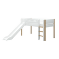 Lit Surélevé 120 cm avec Toboggan et Barrière de Sécurité, 90x200 cm, Blanc/Chêne