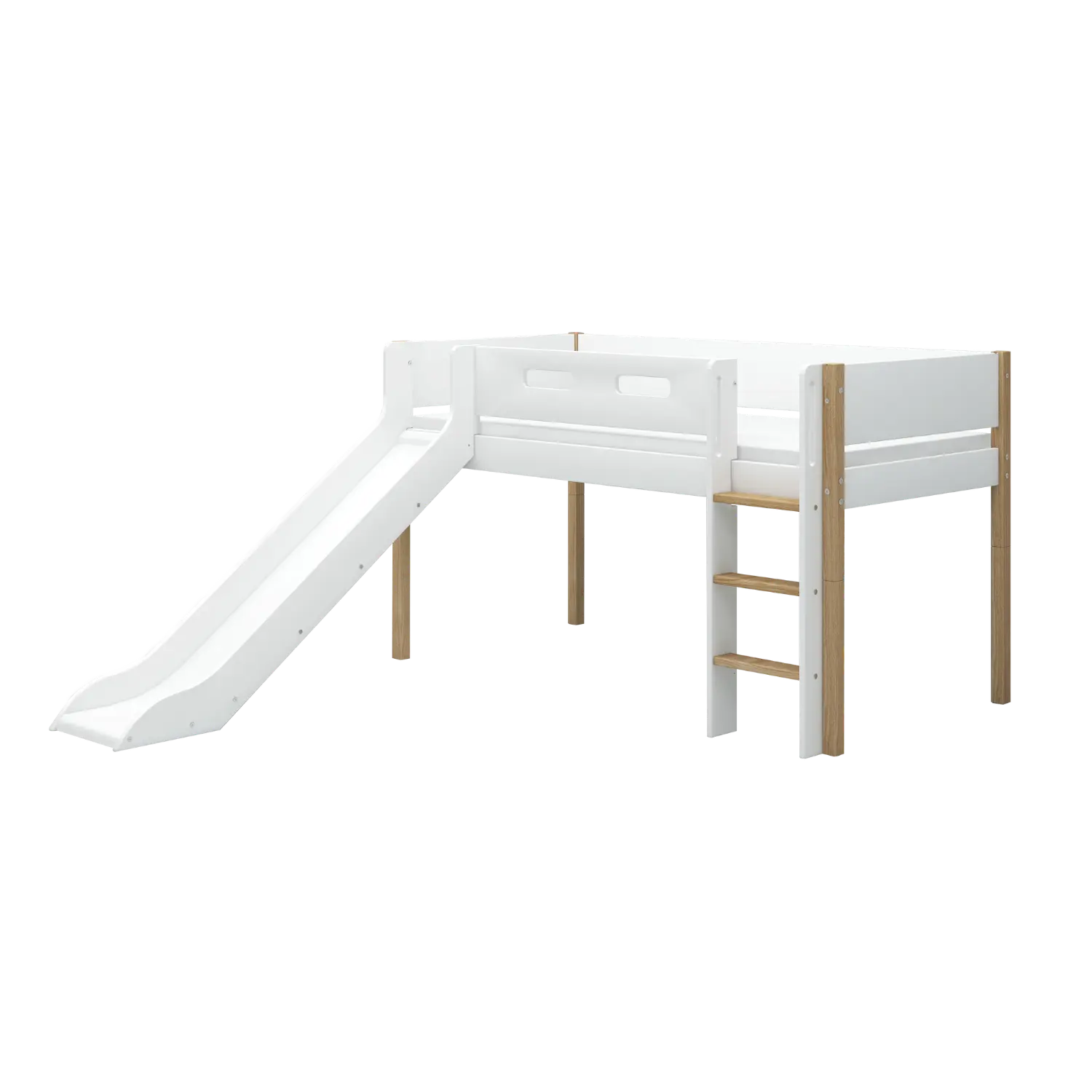 Lit Surélevé 120 cm avec Toboggan et Barrière de Sécurité, 90x200 cm, Blanc/Chêne