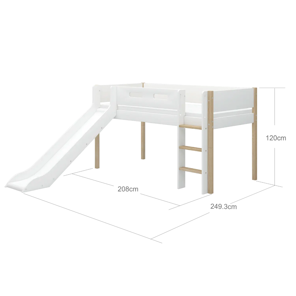 Lit Surélevé 120 cm avec Toboggan et Barrière de Sécurité, 90x200 cm, Blanc/Chêne