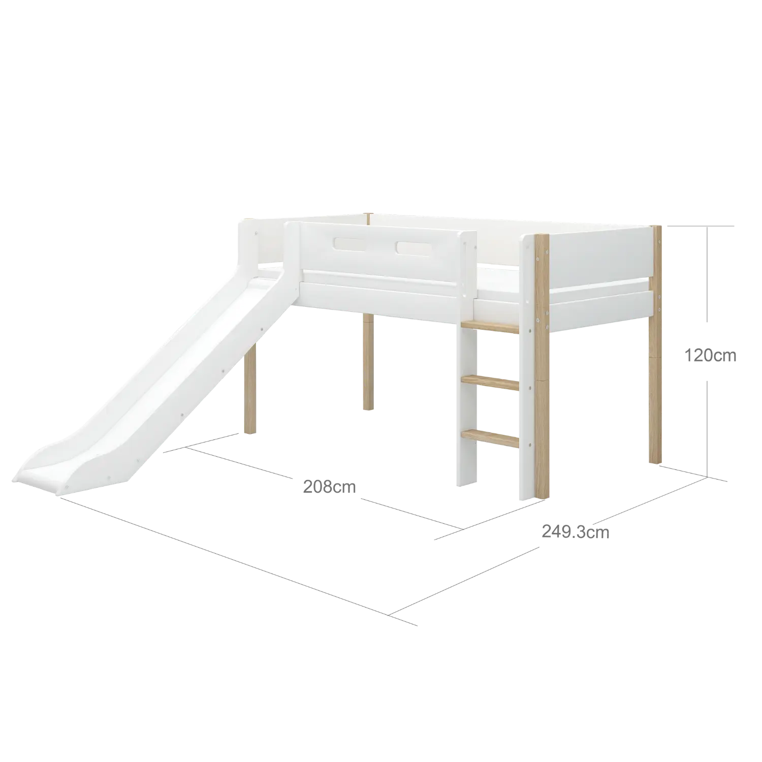 Lit Surélevé 120 cm avec Toboggan et Barrière de Sécurité, 90x200 cm, Blanc/Chêne