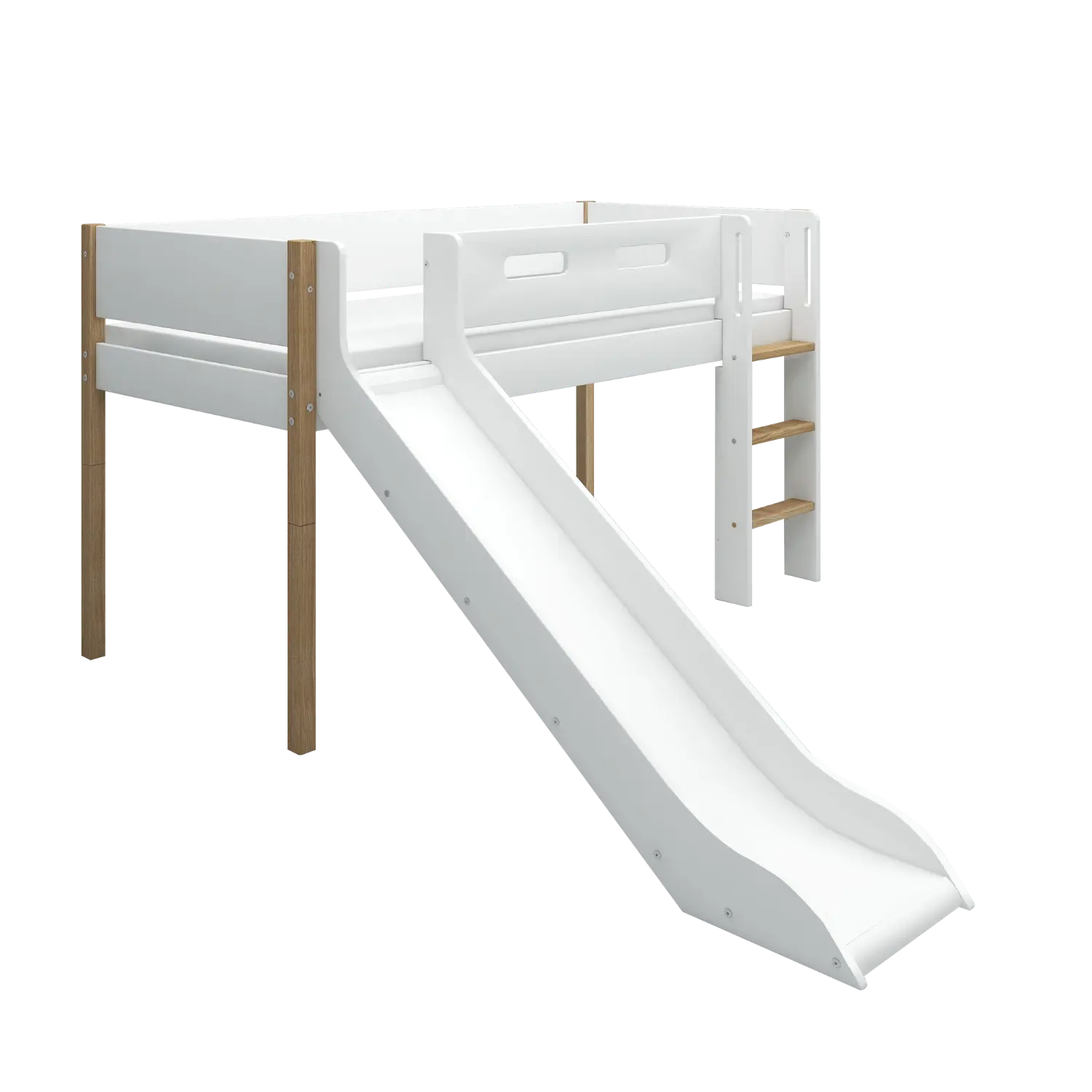 Lit Surélevé 120 cm avec Toboggan et Barrière de Sécurité, 90x200 cm, Blanc/Chêne