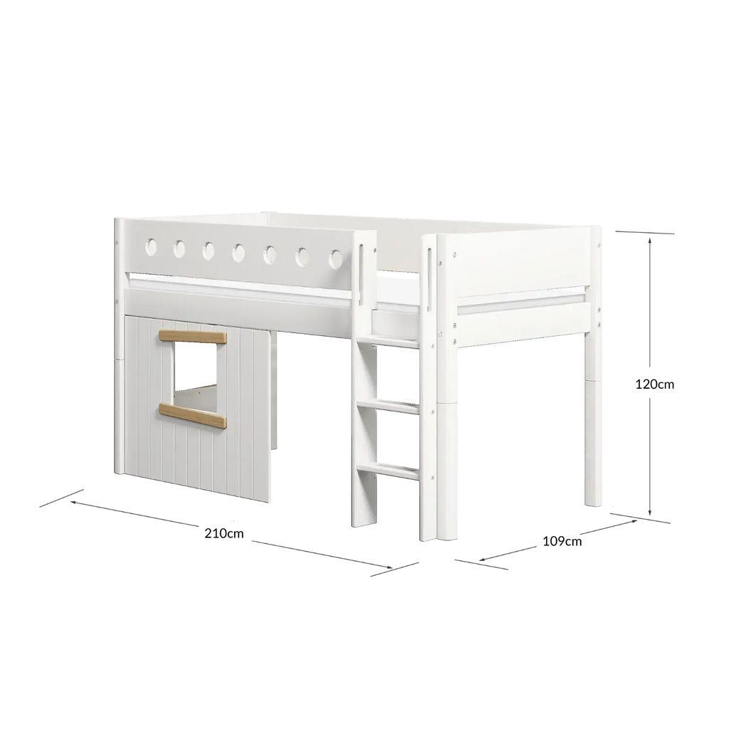 Lit surélevé cabane 120 cm avec échelle et barrière de sécurité, 90x200 cm, blanc