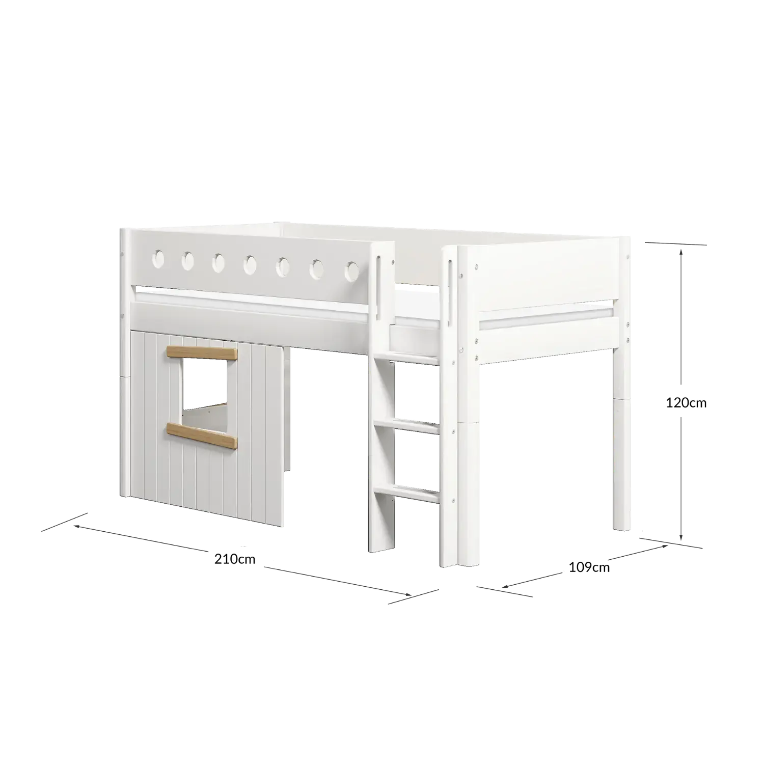 Lit surélevé cabane 120 cm avec échelle et barrière de sécurité, 90x200 cm, blanc