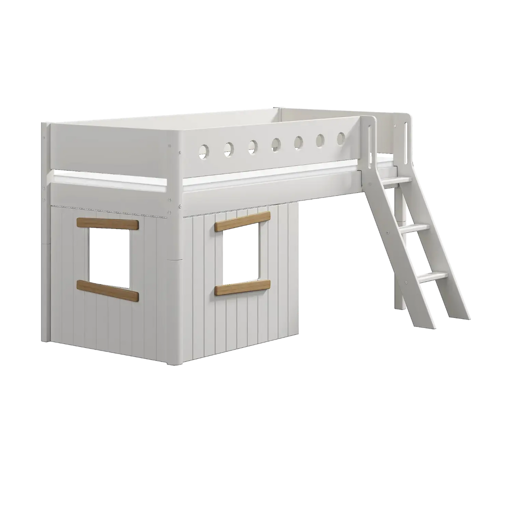 Lit mezzanine 120 cm avec cabane, échelle et barrière de sécurité, 90x200 cm, Blanc