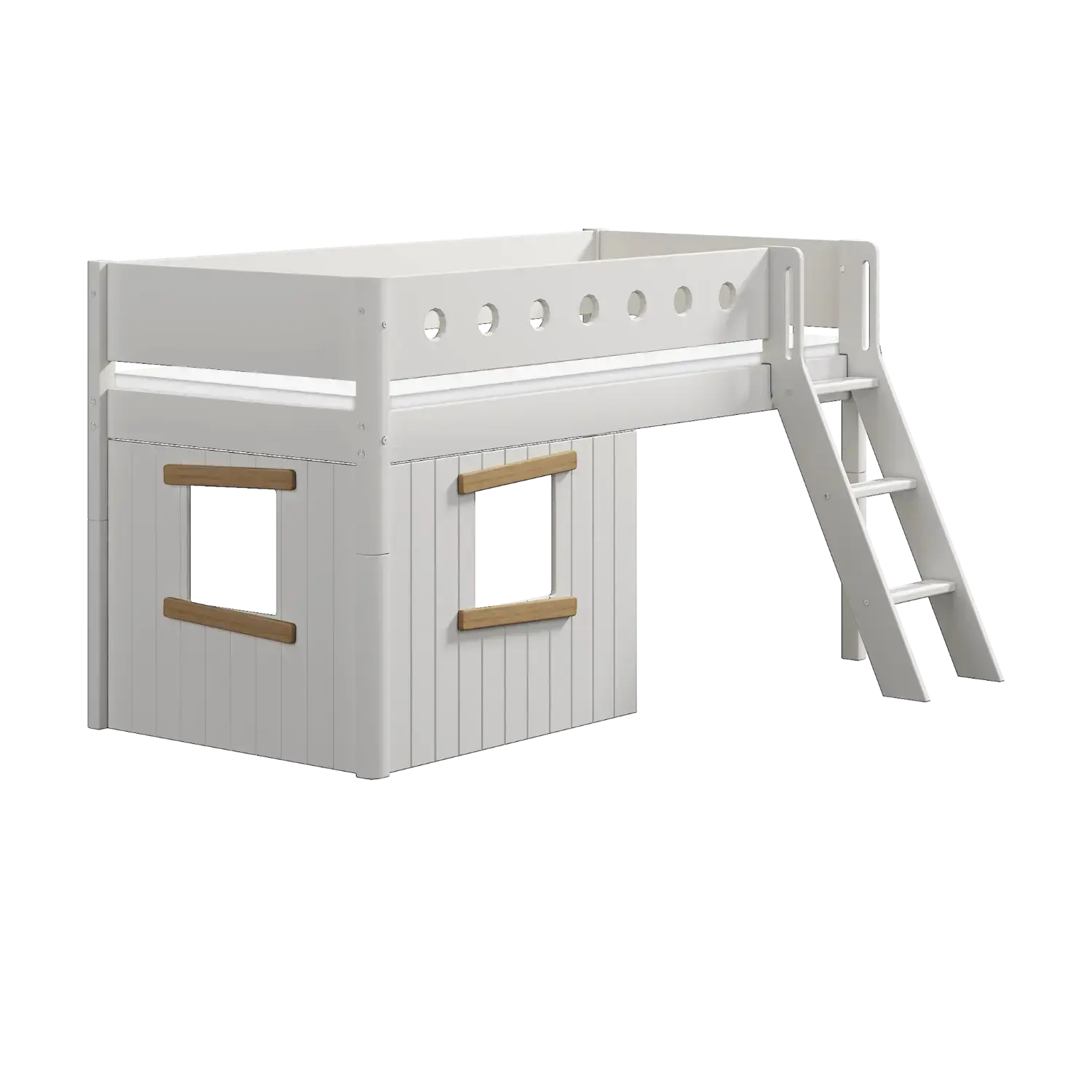 Lit mezzanine 120 cm avec cabane, échelle et barrière de sécurité, 90x200 cm, Blanc