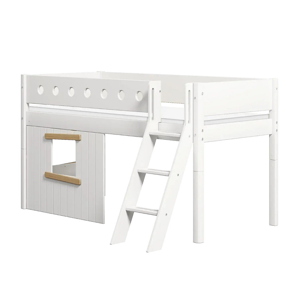 Lit mezzanine 120 cm avec cabane, échelle et barrière de sécurité, 90x200 cm, Blanc