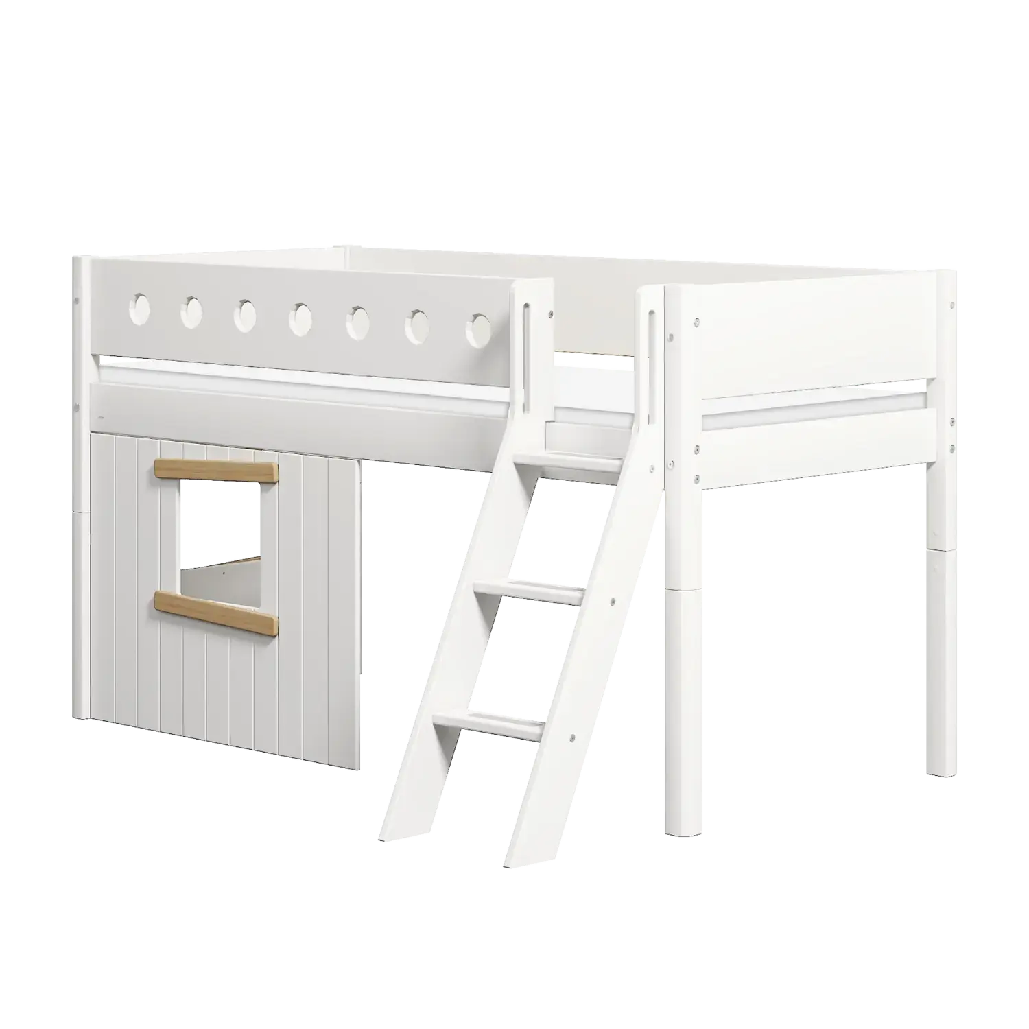 Lit mezzanine 120 cm avec cabane, échelle et barrière de sécurité, 90x200 cm, Blanc