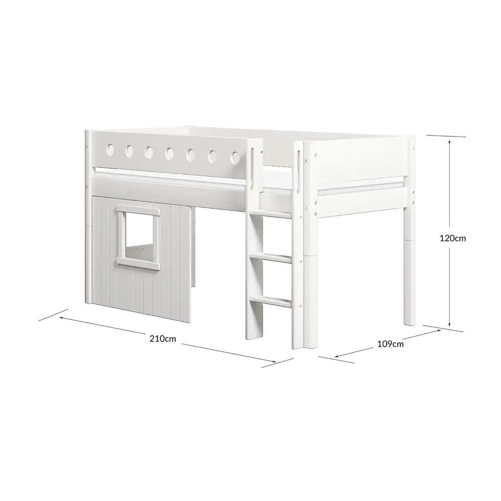 Lit surélevé 120 cm avec cabane, échelle et barrière de sécurité, 90x200 cm, blanc
