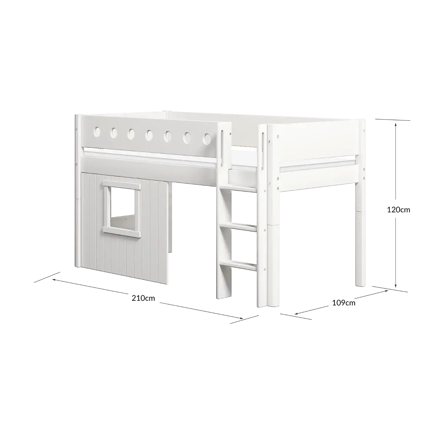 Lit surélevé 120 cm avec cabane, échelle et barrière de sécurité, 90x200 cm, blanc