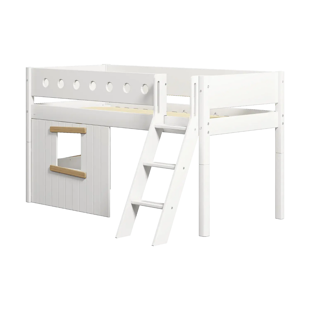 Lit mezzanine 120 cm avec cabane, échelle et barrière de sécurité, 90x200 cm, Blanc
