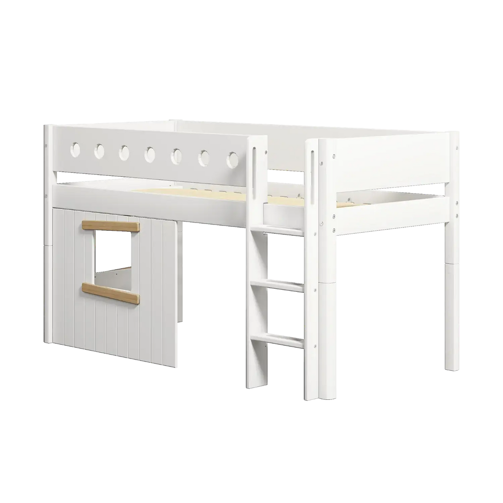 Lit surélevé cabane 120 cm avec échelle et barrière de sécurité, 90x200 cm, blanc