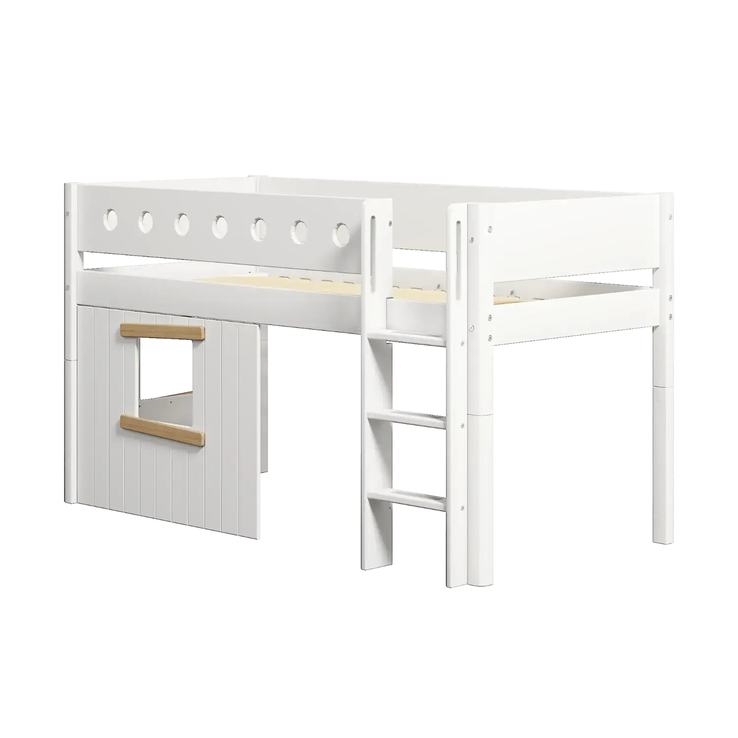 Lit surélevé cabane 120 cm avec échelle et barrière de sécurité, 90x200 cm, blanc