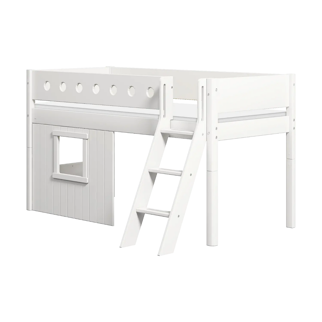 Lit surélevé 120 cm avec cabane, échelle et barrière de sécurité, 90x200 cm, blanc