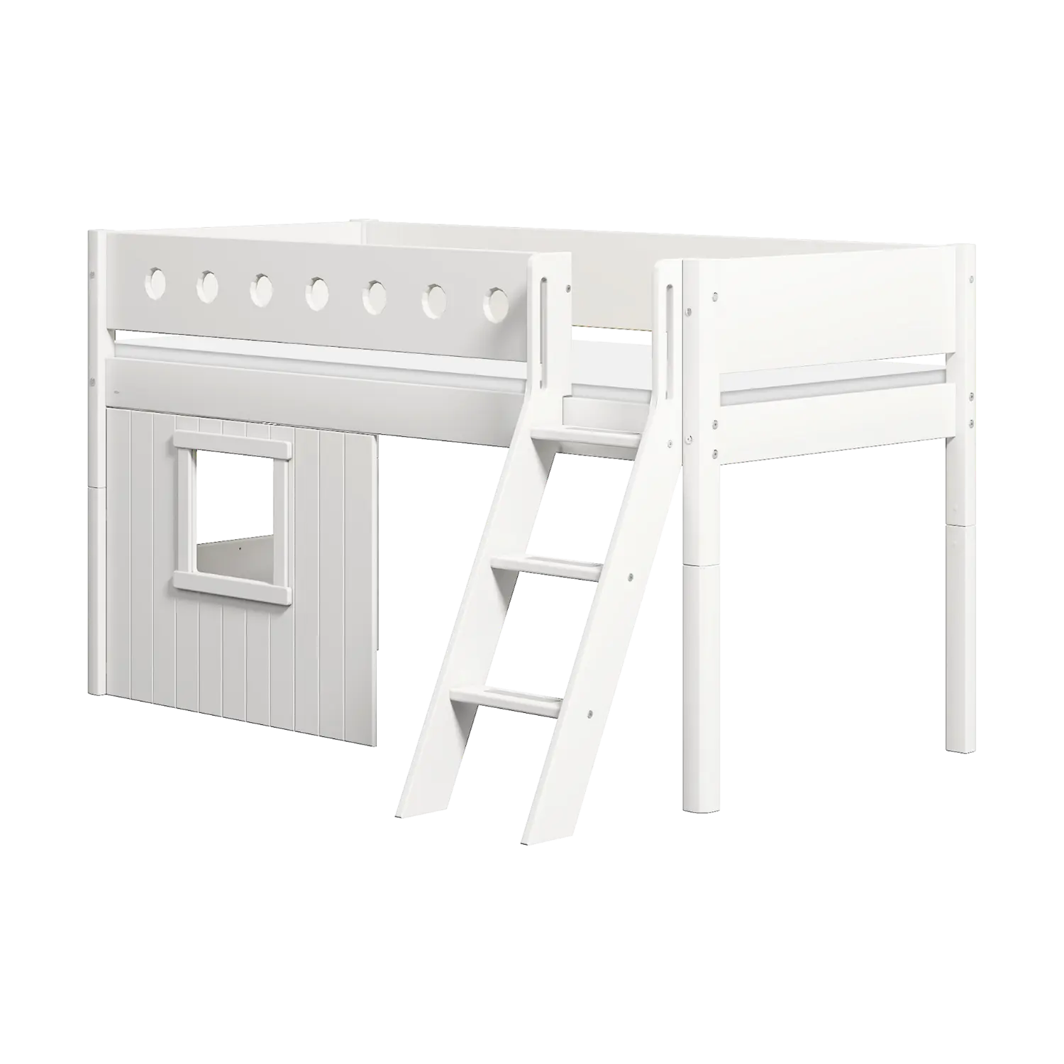 Lit surélevé 120 cm avec cabane, échelle et barrière de sécurité, 90x200 cm, blanc