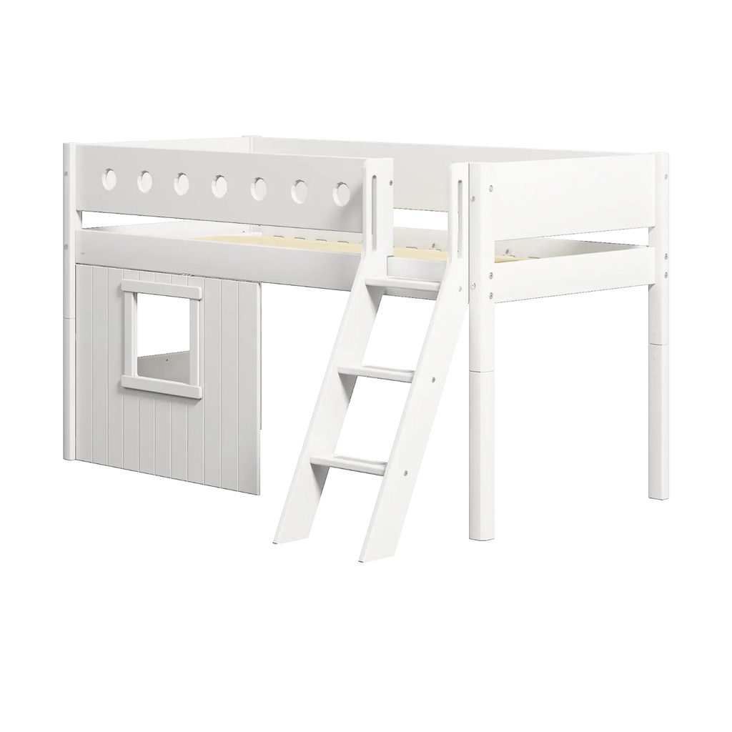 Lit surélevé 120 cm avec cabane, échelle et barrière de sécurité, 90x200 cm, blanc