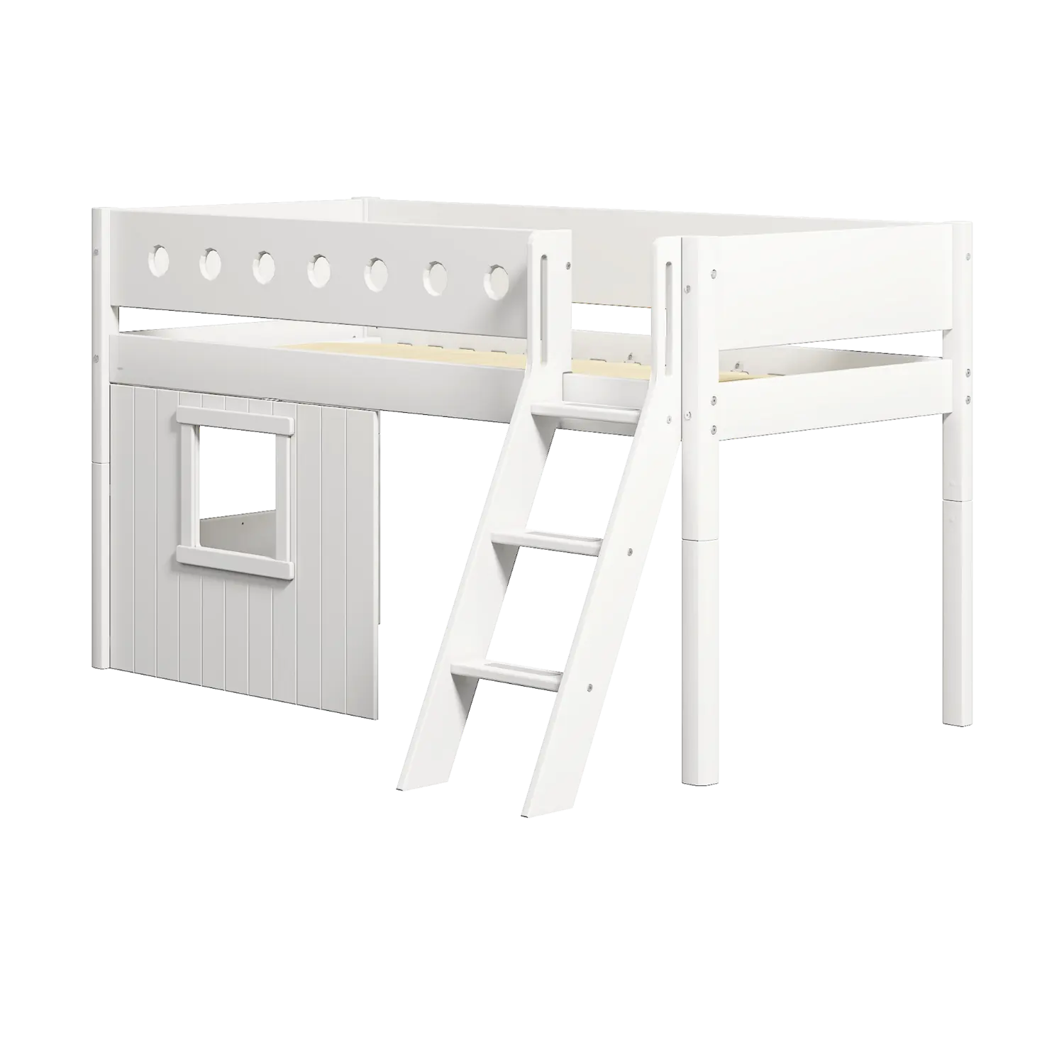 Lit surélevé 120 cm avec cabane, échelle et barrière de sécurité, 90x200 cm, blanc