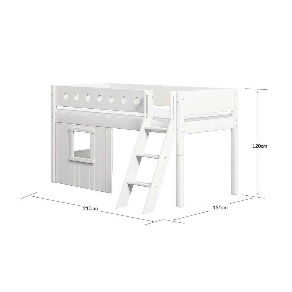 Lit surélevé 120 cm avec cabane, échelle et barrière de sécurité, 90x200 cm, blanc