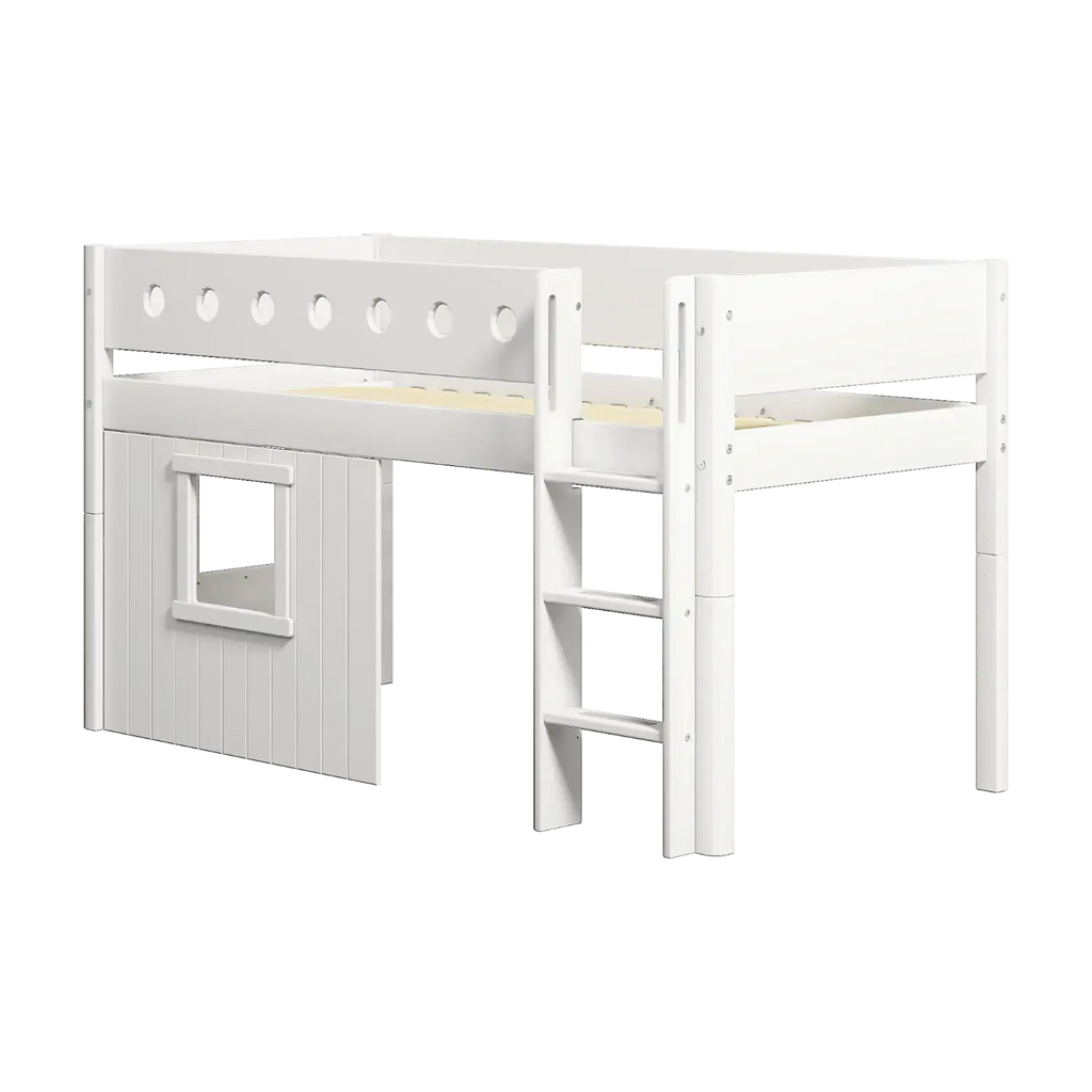 Lit surélevé 120 cm avec cabane, échelle et barrière de sécurité, 90x200 cm, blanc