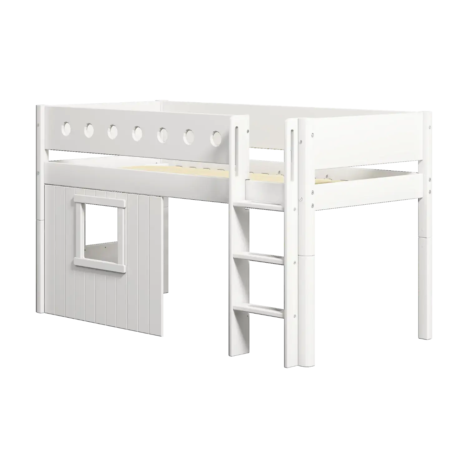 Lit surélevé 120 cm avec cabane, échelle et barrière de sécurité, 90x200 cm, blanc