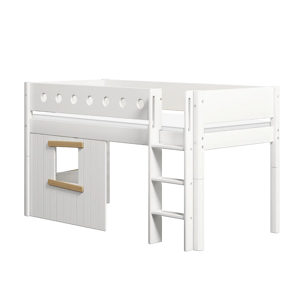 Lit surélevé cabane 120 cm avec échelle et barrière de sécurité, 90x200 cm, blanc