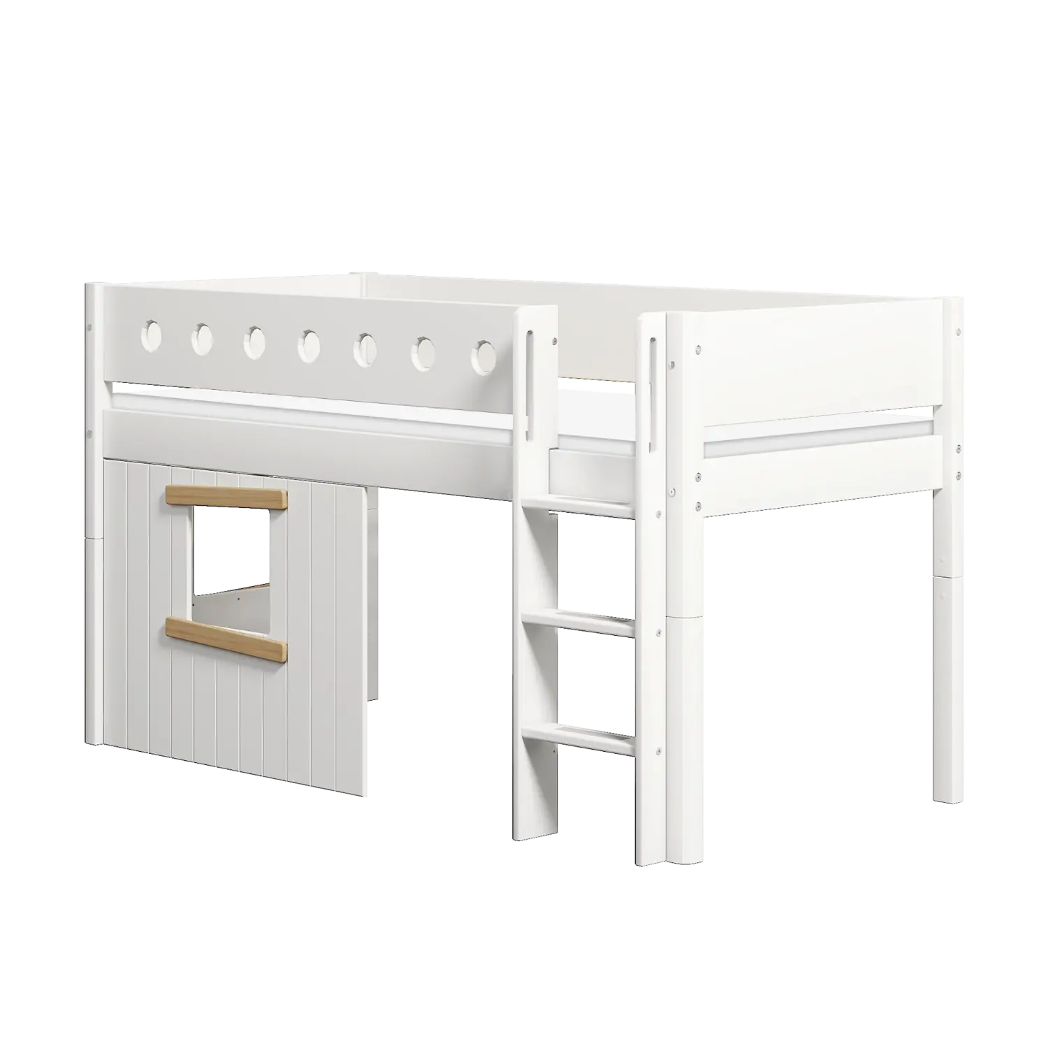 Lit surélevé cabane 120 cm avec échelle et barrière de sécurité, 90x200 cm, blanc