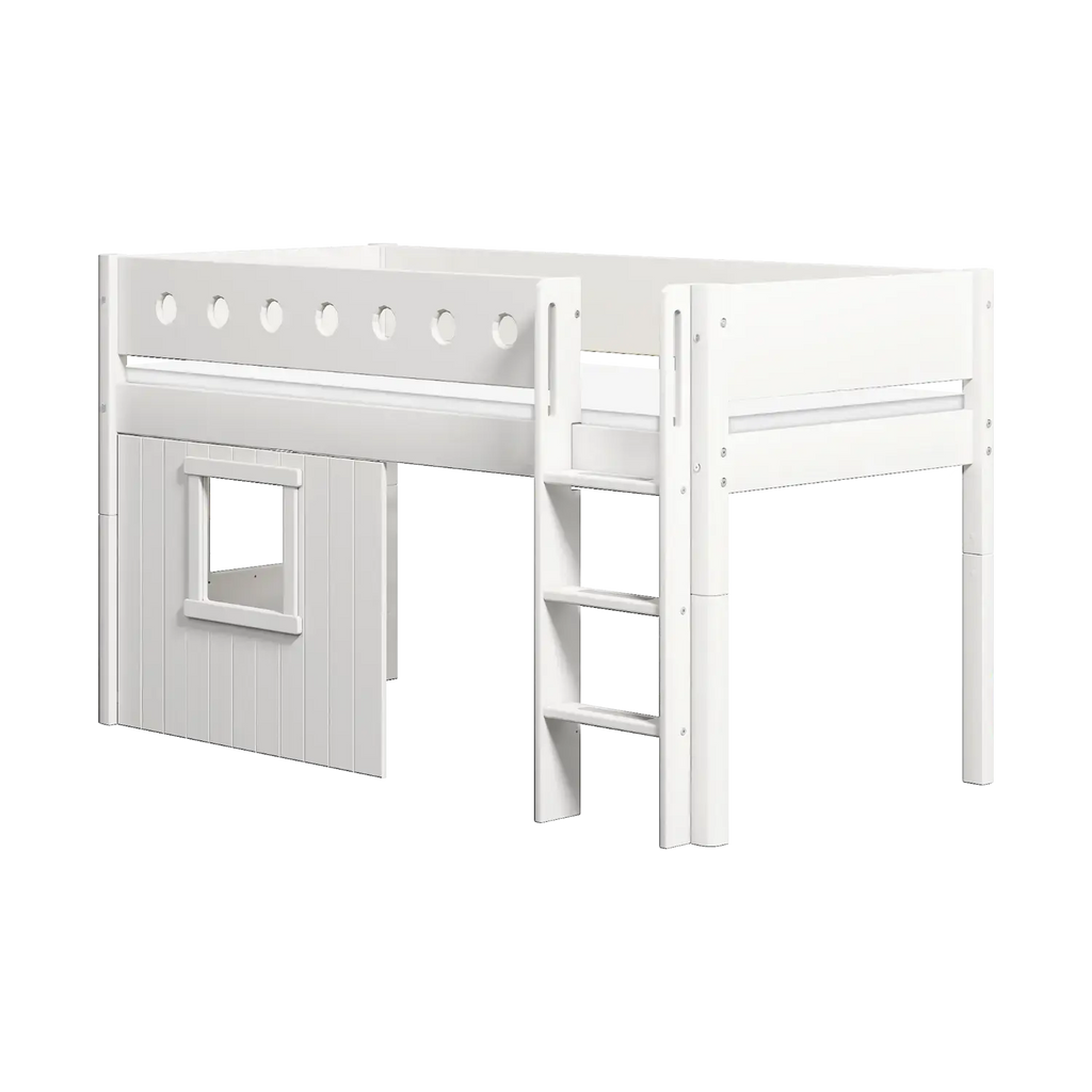 Lit surélevé 120 cm avec cabane, échelle et barrière de sécurité, 90x200 cm, blanc