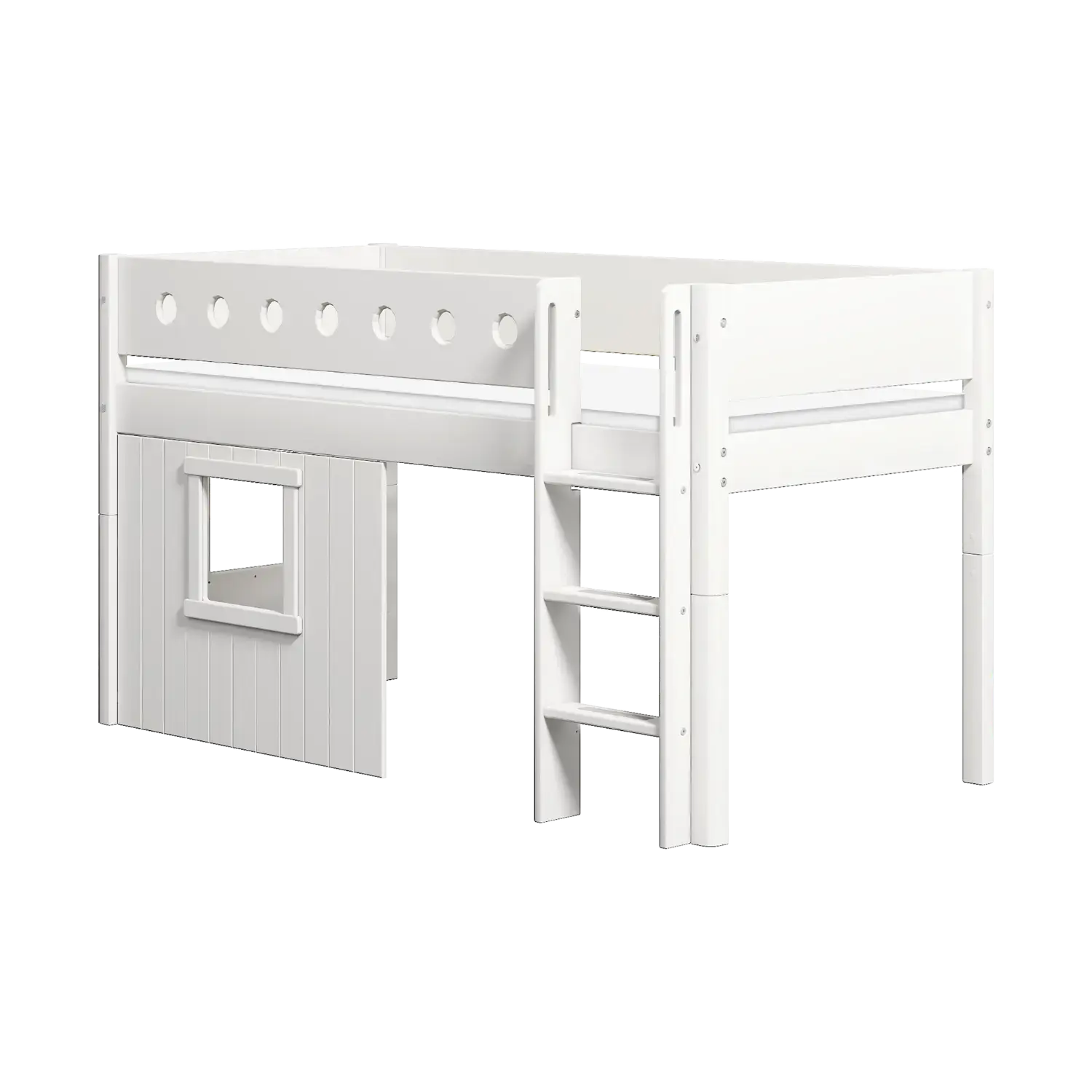 Lit surélevé 120 cm avec cabane, échelle et barrière de sécurité, 90x200 cm, blanc