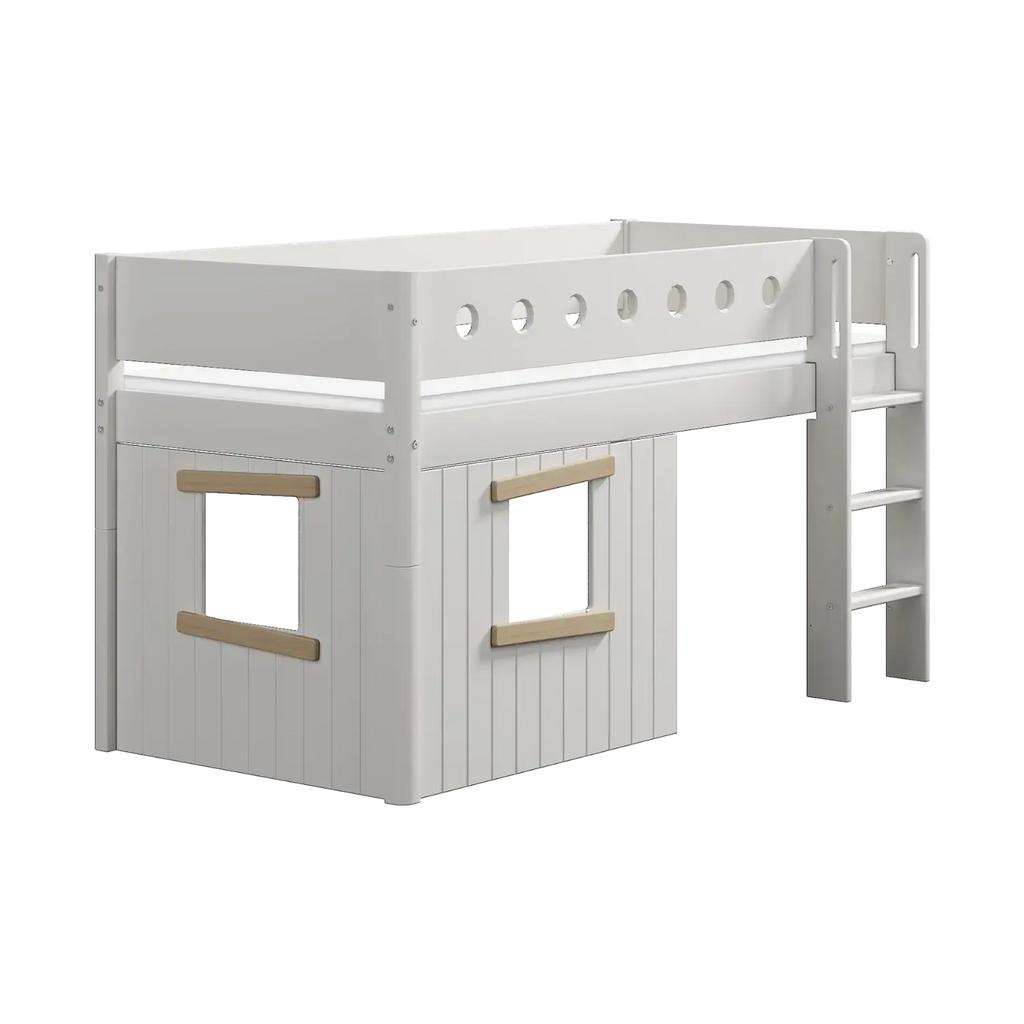 Lit surélevé cabane 120 cm avec échelle et barrière de sécurité, 90x200 cm, blanc