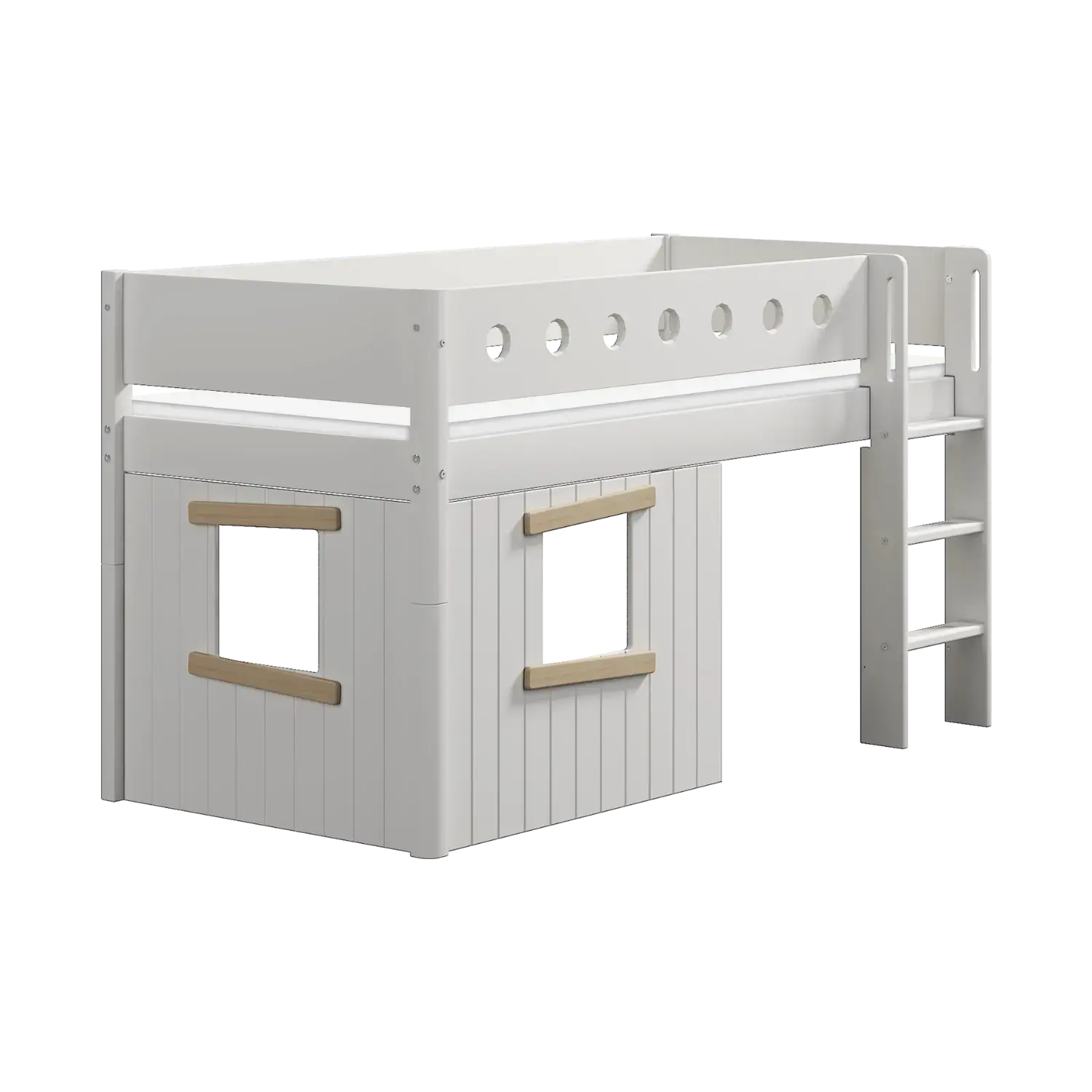 Lit surélevé cabane 120 cm avec échelle et barrière de sécurité, 90x200 cm, blanc