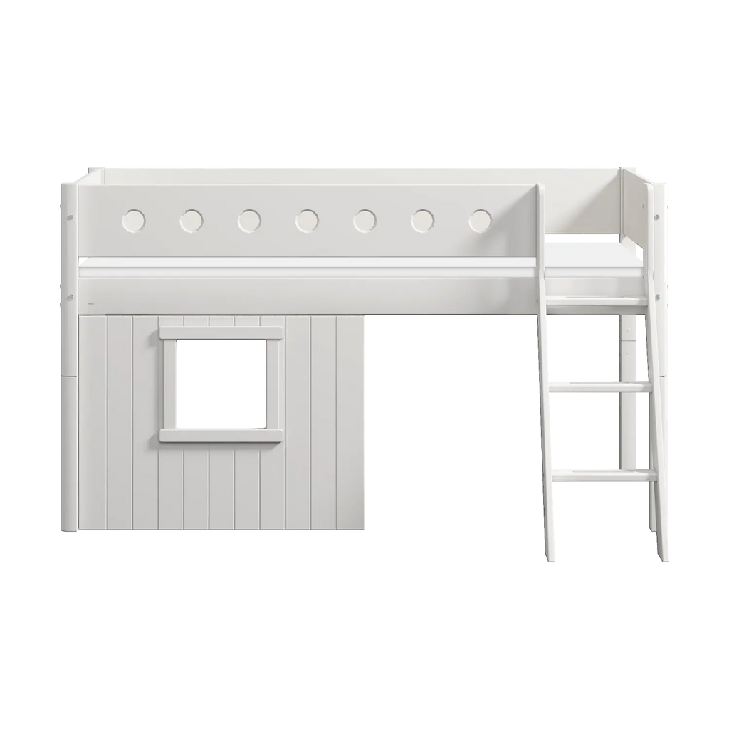 Lit surélevé 120 cm avec cabane, échelle et barrière de sécurité, 90x200 cm, blanc