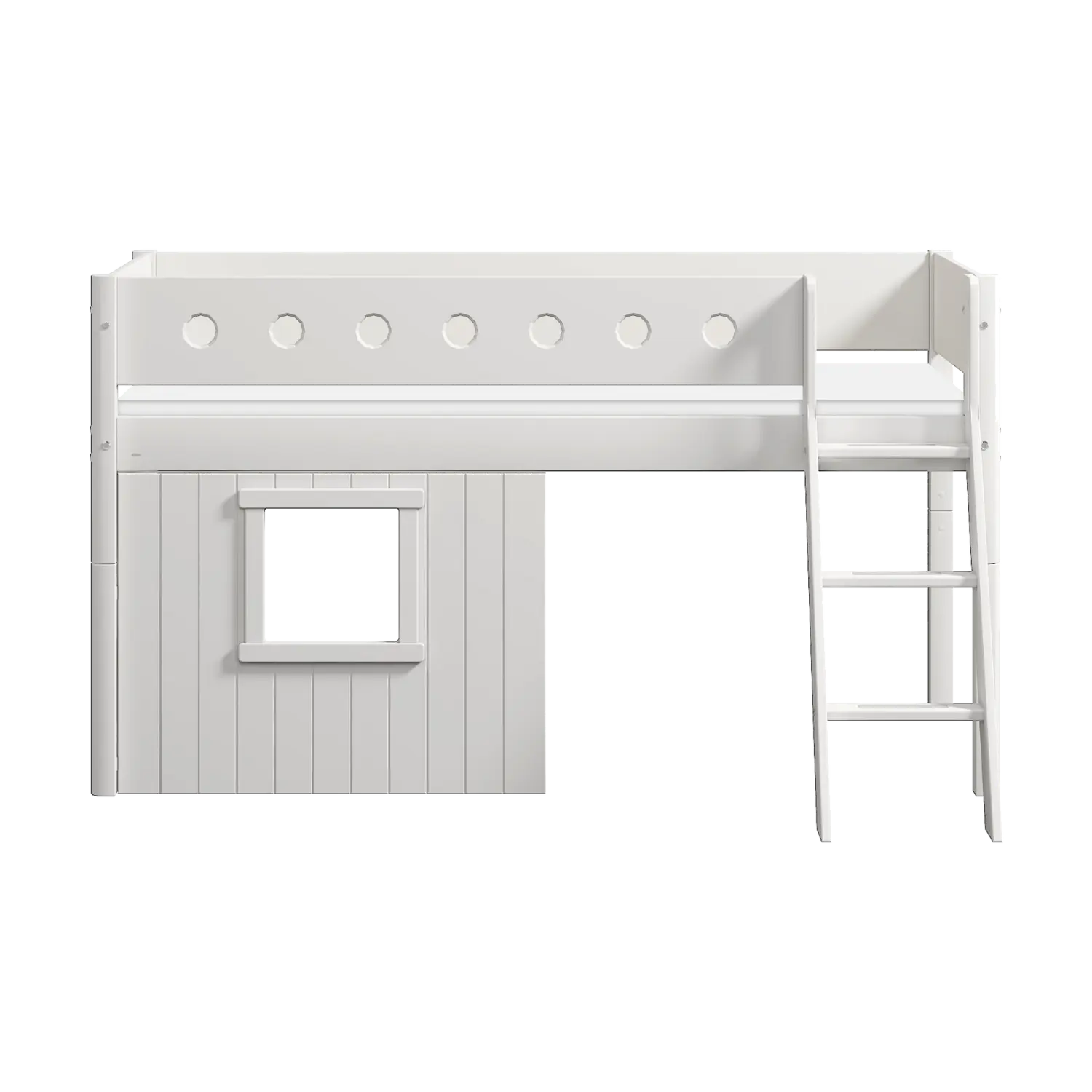 Lit surélevé 120 cm avec cabane, échelle et barrière de sécurité, 90x200 cm, blanc