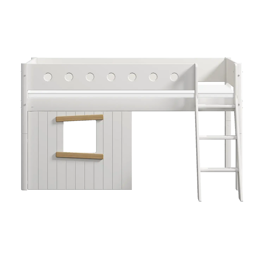 Lit mezzanine 120 cm avec cabane, échelle et barrière de sécurité, 90x200 cm, Blanc