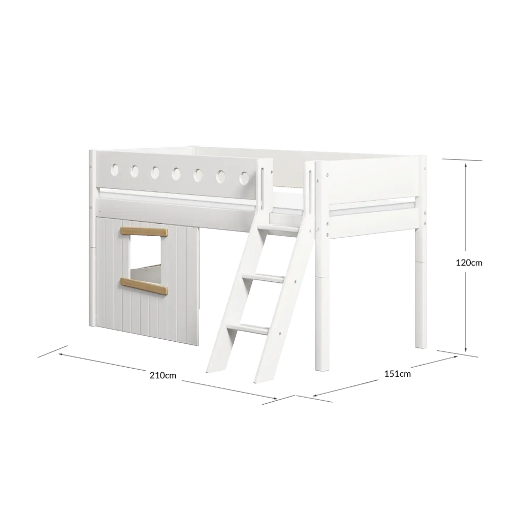 Lit mezzanine 120 cm avec cabane, échelle et barrière de sécurité, 90x200 cm, Blanc