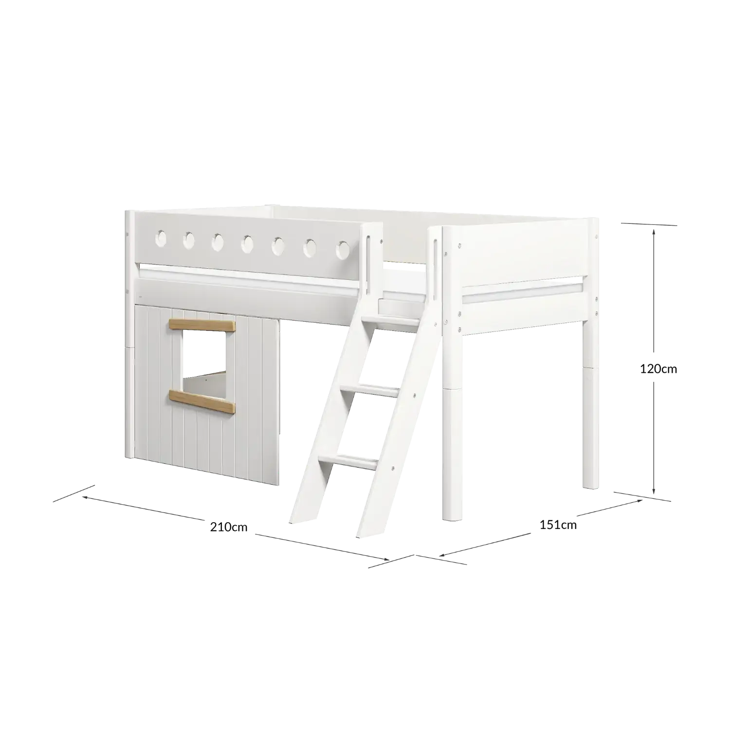 Lit mezzanine 120 cm avec cabane, échelle et barrière de sécurité, 90x200 cm, Blanc